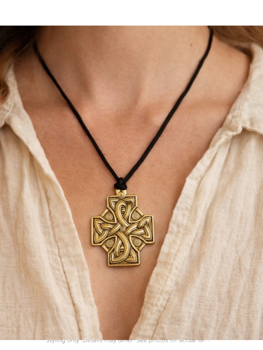 Vintage Celtic Knotwork Cross Pendant Necklace Gold Tone Boho Gothic